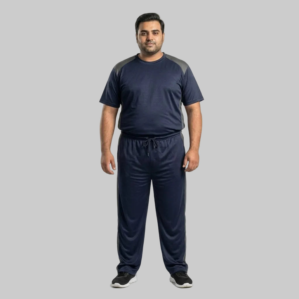 Men's Navy Blue & Grey Polyester Co-Ord Set featuring a crewneck T-shirt and matching trousers made from breathable mesh polyester fabric with grey contrast panels.