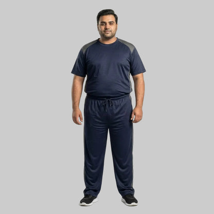 Men's Navy Blue & Grey Polyester Co-Ord Set featuring a crewneck T-shirt and matching trousers made from breathable mesh polyester fabric with grey contrast panels.