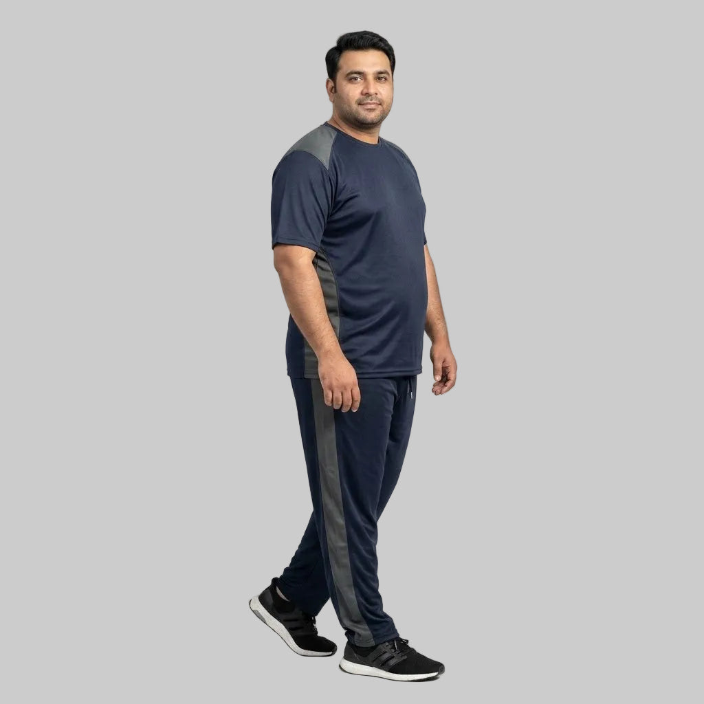 Men's Navy Blue & Grey Polyester Co-Ord Set featuring a crewneck T-shirt and matching trousers made from breathable mesh polyester fabric with grey contrast panels.