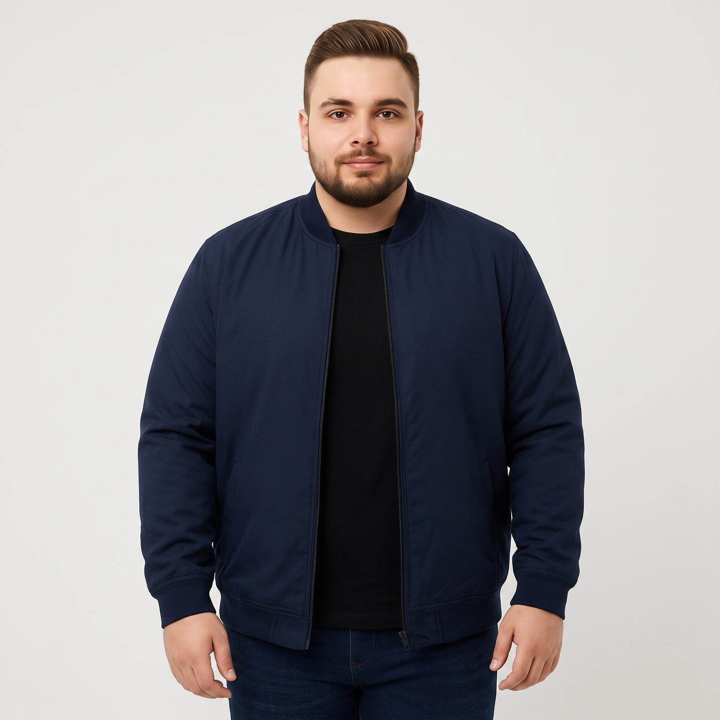 Navy Blue Plus-Size Bomber Jacket – Matte Finish PSM-10077