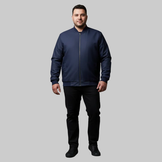 Navy blue plus size bomber jacket with front zip closure and ribbed cuffs on a clean background.