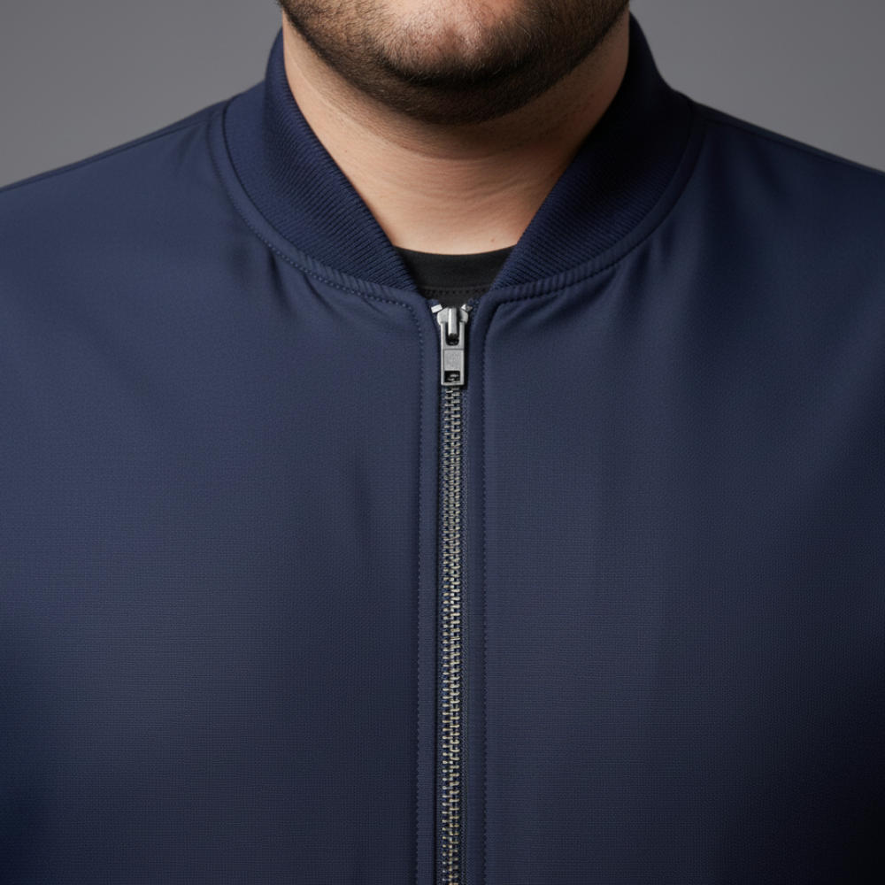 Navy blue plus size bomber jacket with front zip closure and ribbed cuffs on a clean background.