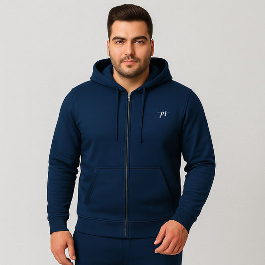 Navy Blue Plus Size Zip-Up Fleece Hoodie PSM-10207