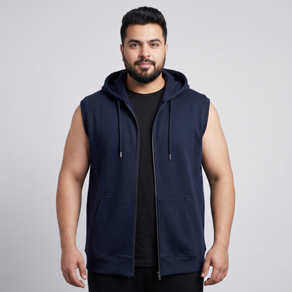 Navy Blue Plus Size Sleeveless Zip-Up Fleece Hoodie PSM-10526