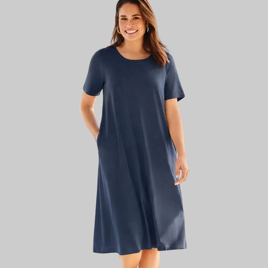 Navy Blue Short-Sleeve Crewneck Tee Dress made from soft jersey cotton fabric, front view on a white background, ideal for casual everyday wear.