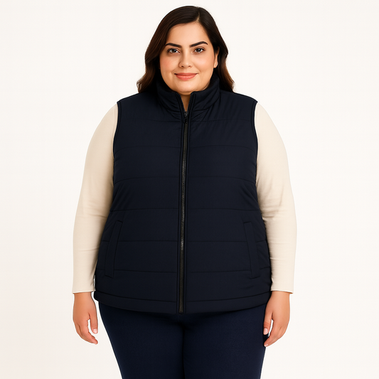 Plus size Pakistani female model wearing sleeveless puffer vest with quilted padded panels and welt pockets – casual outerwear