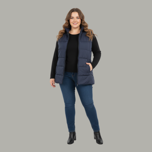 Navy Blue Sleeveless Plus Size Women’s Puffer Jacket  PSW-10070