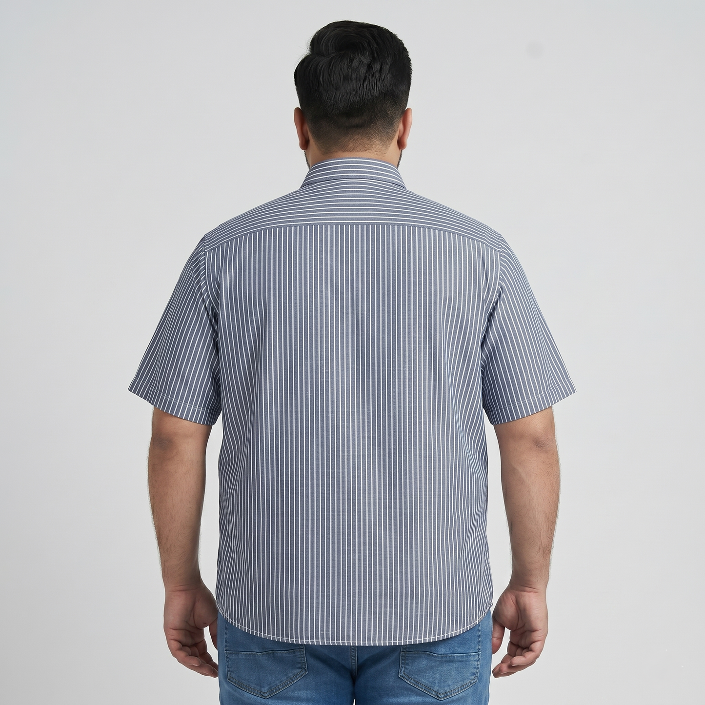 Navy Blue & White Horizontal Stripe Half Sleeve Casual Shirt PSM-11161