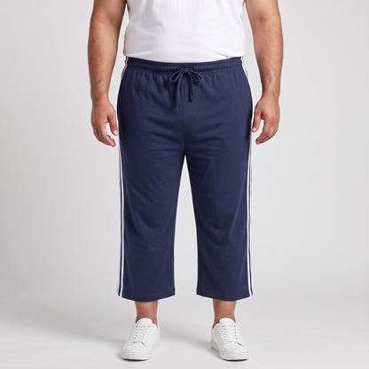 Navy blue and white side stripe 3 quarter shorts made from jersey cotton 