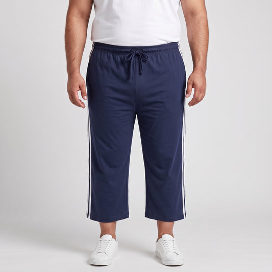 Navy blue and white side stripe 3 quarter shorts made from jersey cotton 