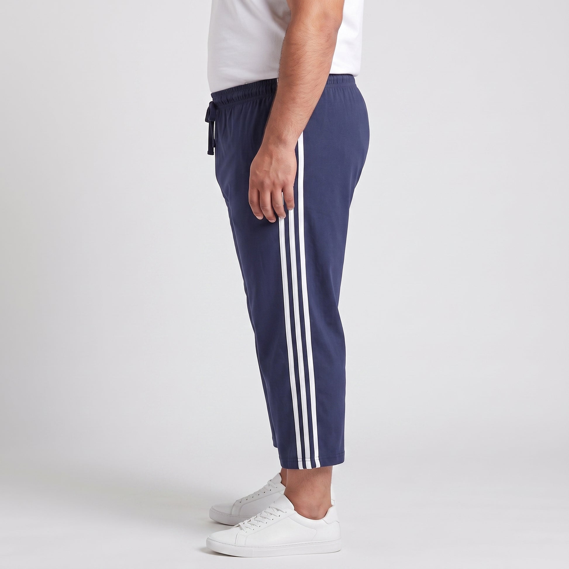 Navy blue and white side stripe 3 quarter shorts made from jersey cotton