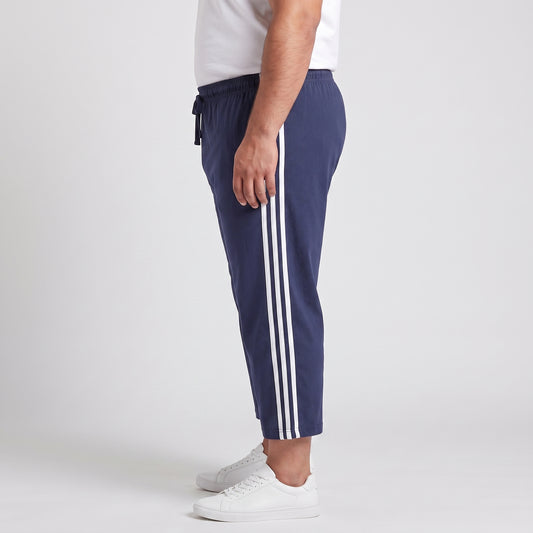 Navy blue and white side stripe 3 quarter shorts made from jersey cotton
