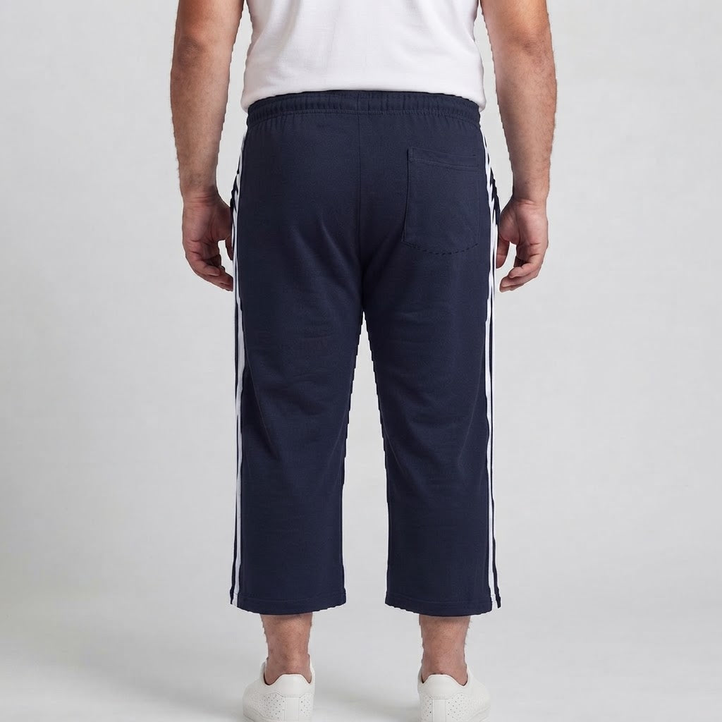 Navy blue and white side stripe 3 quarter shorts made from jersey cotton 