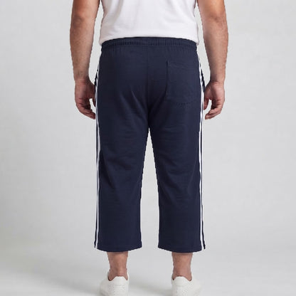 Navy blue and white side stripe 3 quarter shorts made from jersey cotton 