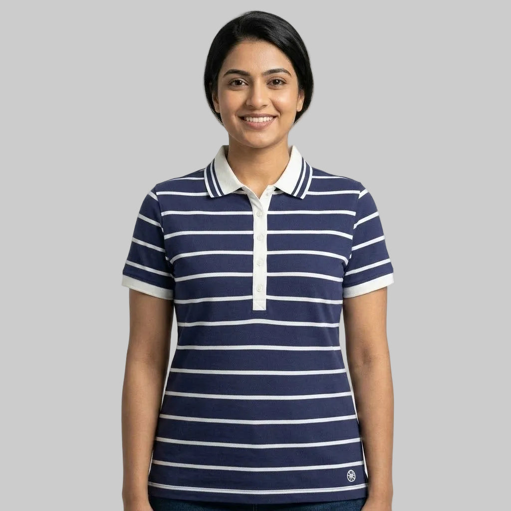 Women's navy blue and white striped polo blouse with a classic polo collar, short sleeves, and a comfortable fit for casual everyday wear.