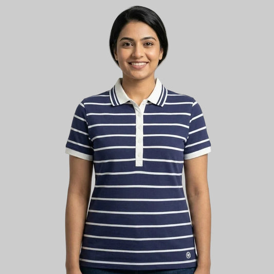 Women's navy blue and white striped polo blouse with a classic polo collar, short sleeves, and a comfortable fit for casual everyday wear.