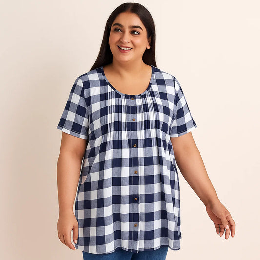 Navy Buffalo Plaid knit Pintucks Tunic PSW-4881
