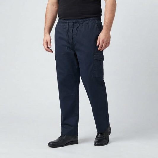 Navy Cotton Plus Size Cargo Trousers made from slightly stretchable cotton fabric.