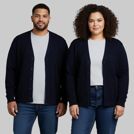 Two people wearing navy cardigans over gray shirts and blue jeans on a plain background