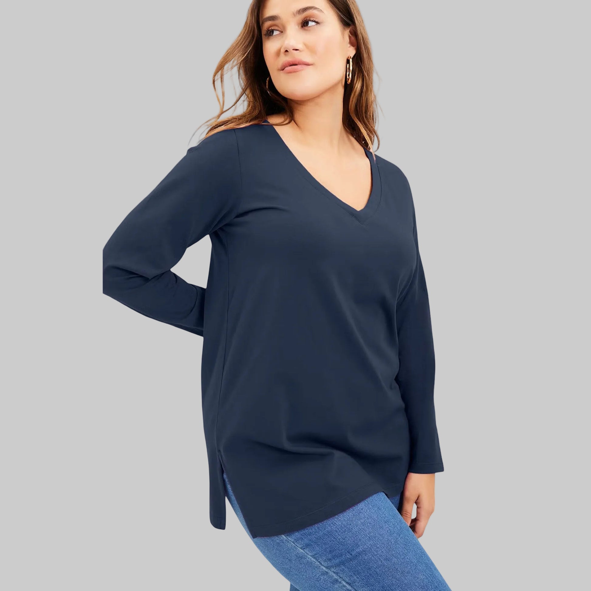 Navy Long-Sleeve V-Neck Tunic made from soft cotton-blend fabric with a relaxed fit and flattering V-neckline for everyday comfort
