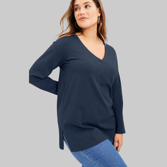 Navy Long-Sleeve V-Neck Tunic made from soft cotton-blend fabric with a relaxed fit and flattering V-neckline for everyday comfort