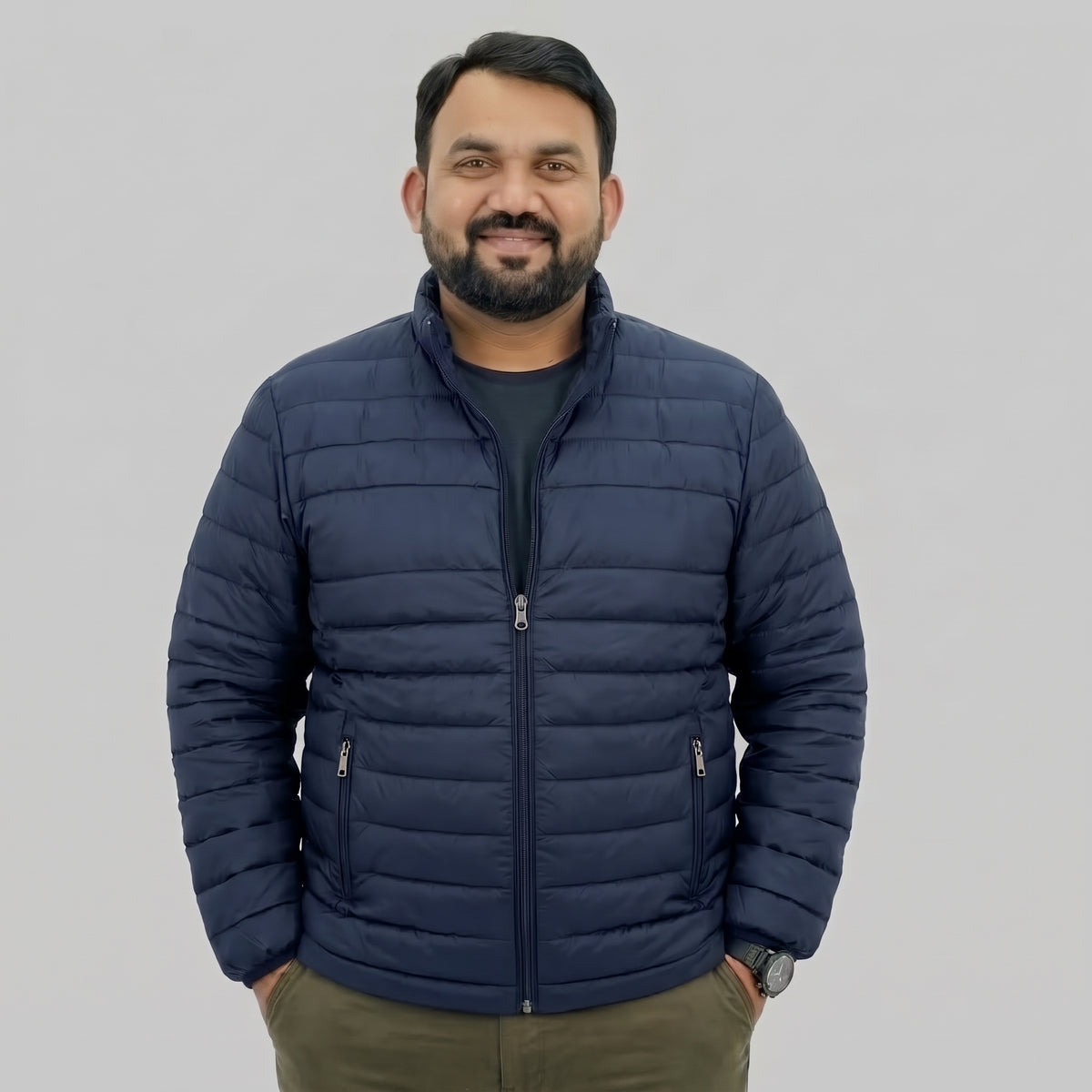 Navy Long Sleeve Puffer Jacket with Zipper Pockets – Plus Size 2XL–6XL 