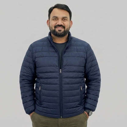 Navy Long Sleeve Puffer Jacket with Zipper Pockets – Plus Size 2XL–6XL 