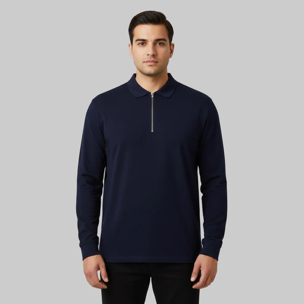 Navy long sleeve zip polo shirt plus size front view