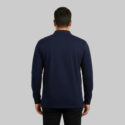 Navy long sleeve zip polo shirt plus size front view