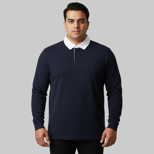 Navy rugby style long sleeve polo shirt with white contrast collar and covered placket shown in front view