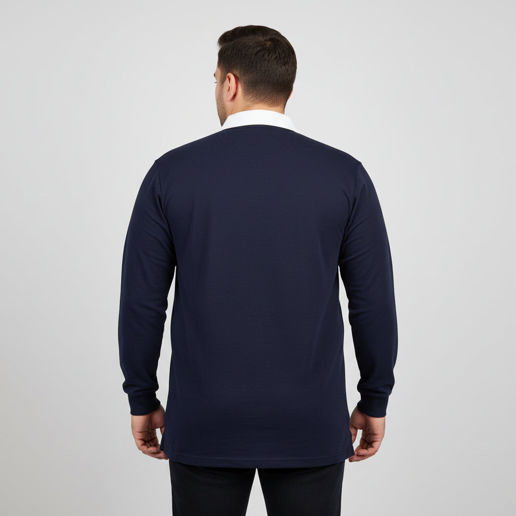 Navy rugby style long sleeve polo shirt with white contrast collar and covered placket shown in front view