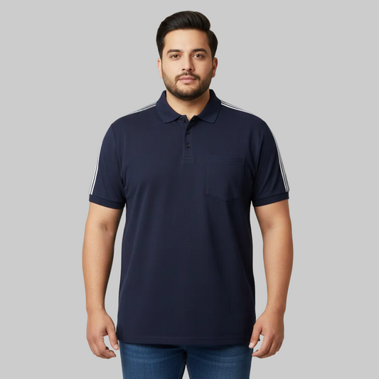 Navy polo shirt with shoulder stripe detail and left chest pocket