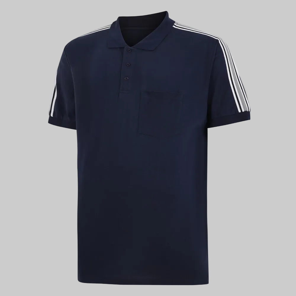 Navy polo shirt with shoulder stripe detail and left chest pocket