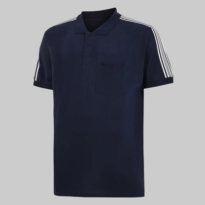 Navy polo shirt with shoulder stripe detail and left chest pocket