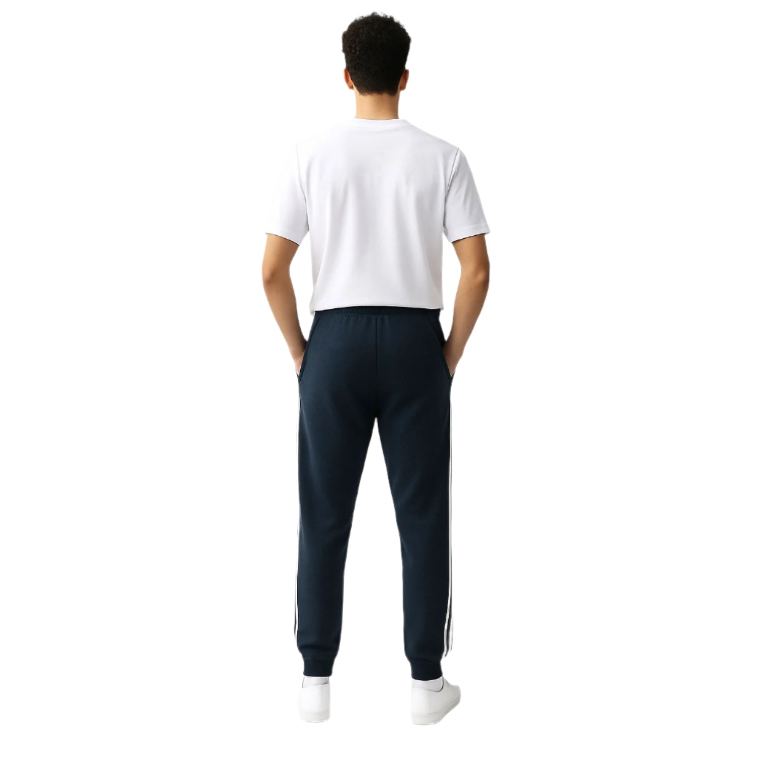Navy terry cuffed plus size trousers with side stripes and drawstring waist