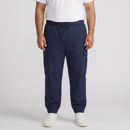 Navy Twill Cotton Plus-Size Cargo Joggers PSM-9553