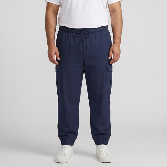 Navy Twill Cotton Plus-Size Cargo Joggers PSM-9553