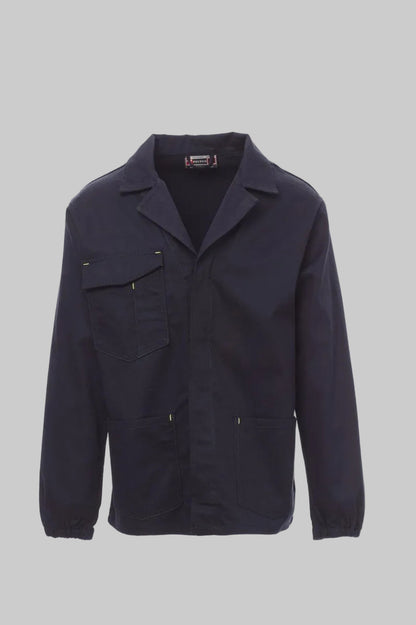 Men’s open-collar cotton workwear jacket with utility pockets and elastic cuffs