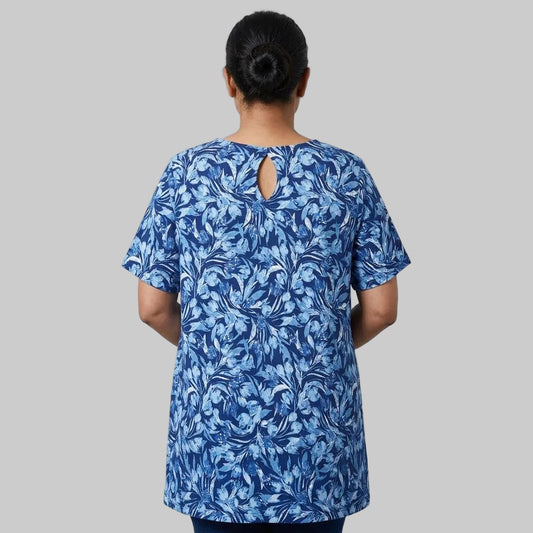 Navy watercolor tulip swing tee with keyhole back in cotton jersey