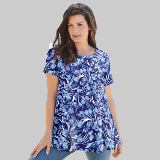 Navy watercolor tulip swing tee with keyhole back in cotton jersey