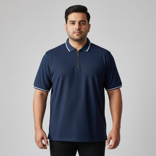 Navy Zip Neck Contrast Tipped Plus Size Polo Shirt