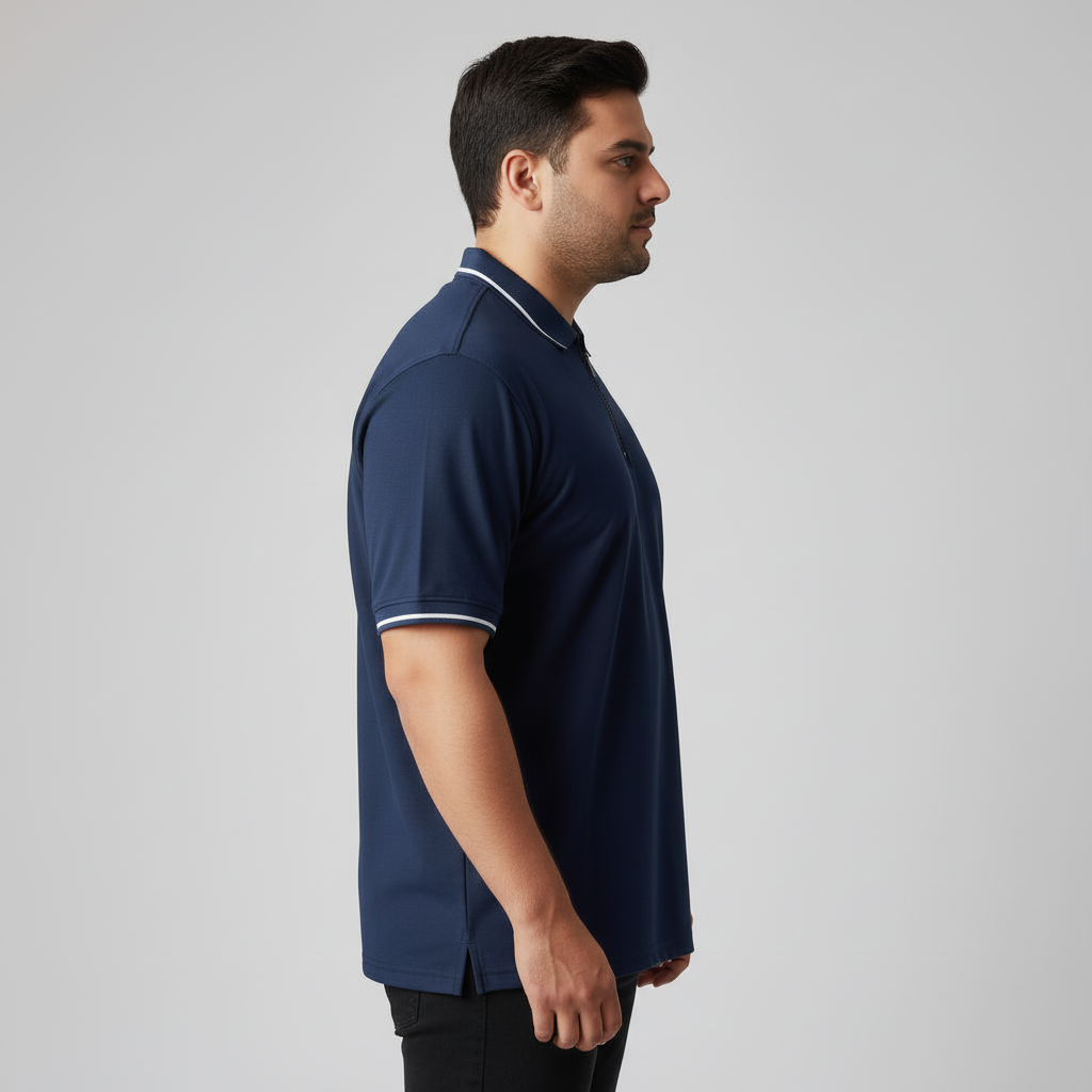 Navy Zip Neck Contrast Tipped Plus Size Polo Shirt PSM-10884