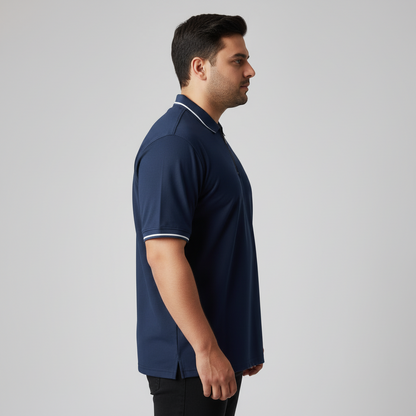 Navy Zip Neck Contrast Tipped Plus Size Polo Shirt PSM-10884