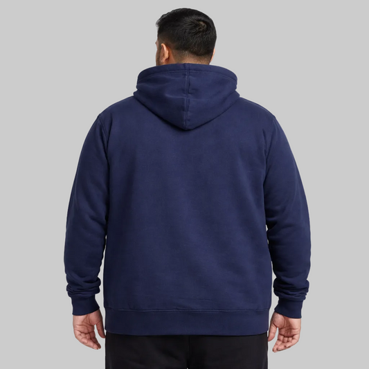 Navy blue classic full-zip fleece hoodie front view showing soft fleece fabric and relaxed fit