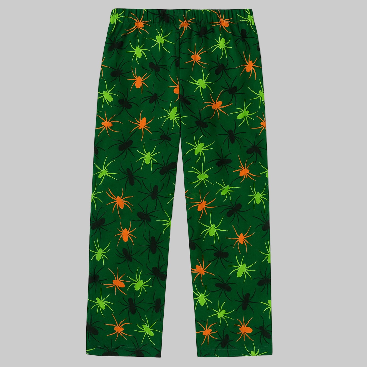 Plus-size Neon Spiders flannel pajama pants with colorful novelty print, elastic waistband, drawstring, and side pockets.