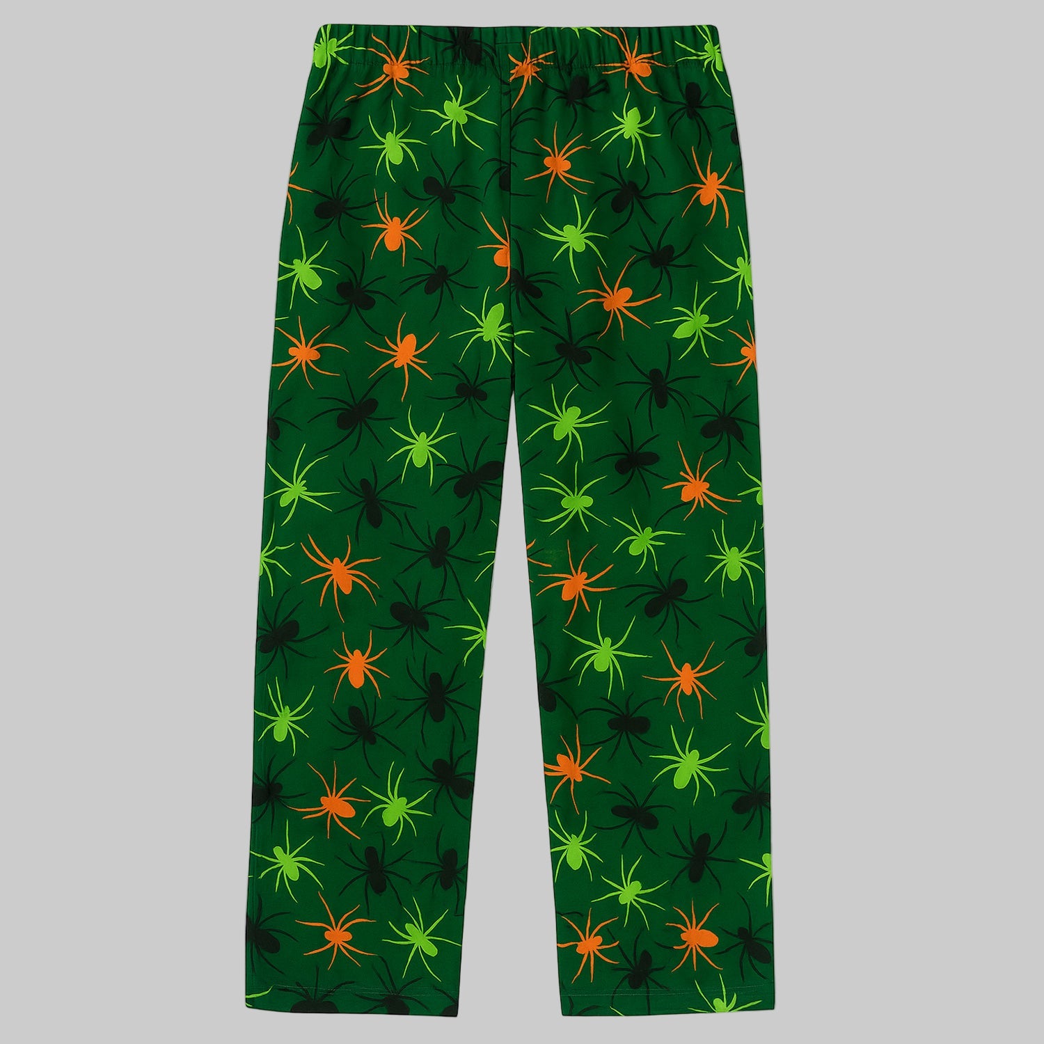 Plus-size Neon Spiders flannel pajama pants with colorful novelty print, elastic waistband, drawstring, and side pockets.