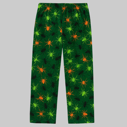 Plus-size Neon Spiders flannel pajama pants with colorful novelty print, elastic waistband, drawstring, and side pockets.