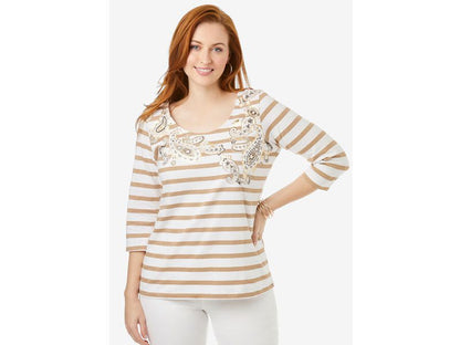 New Khaki Stripe Paisley Embellished Scoop Neck Tee PSW-6910