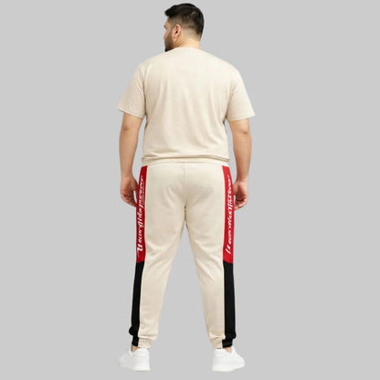 Plus size New York Script side panel athletic joggers with elastic waistband, drawstring, and ribbed cuffs, designed for a relaxed sporty fit