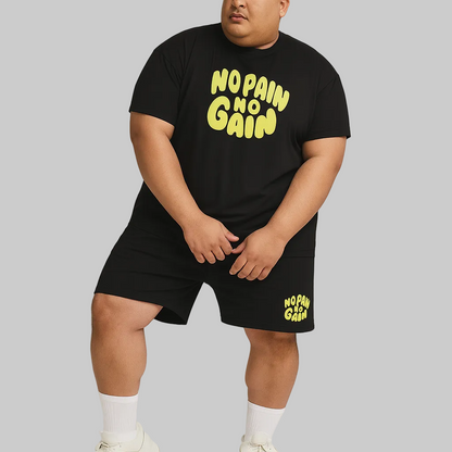 No Pain No Gain plus-size shorts set for men with a relaxed fit, breathable fabric, and matching top and shorts designed for comfort, movement, and everyday wear